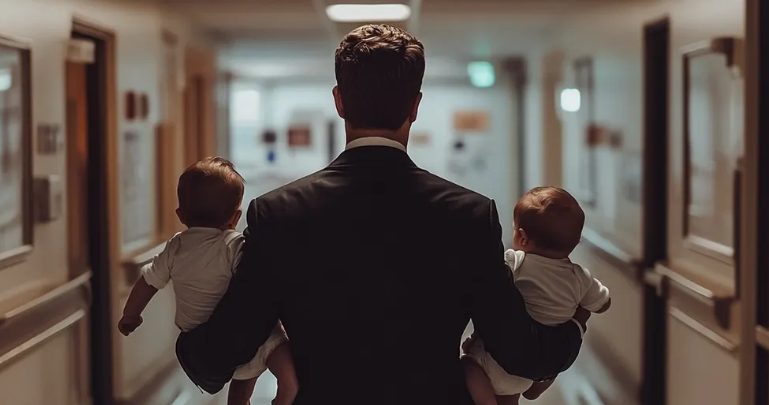 Niespodziewanie zobaczyłam mojego męża w eleganckim garniturze wychodzącego z kliniki położniczej z dwojgiem dzieci na rękach.